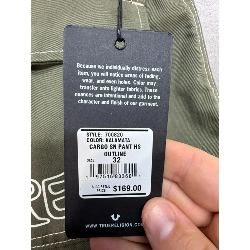 $169 NEW Mens True Religion Kalamata Cargo Pant HS Olive Green Size 32